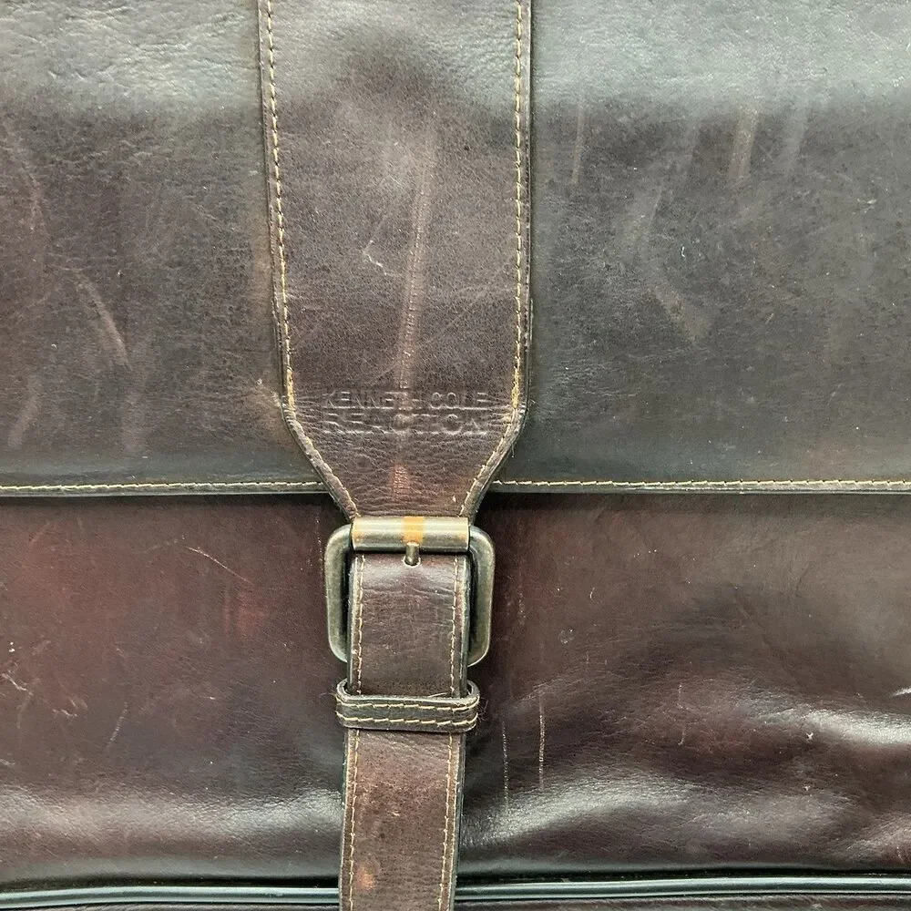 Kenneth Cole Reaction Brown Leather Messenger Laptop Briefcase Shoulder Bag